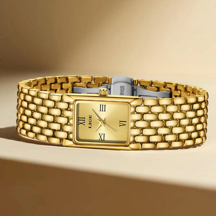 Women's Gold Rectangular Watch Stainless Steel Bracelet