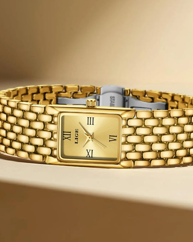 Women's Gold Rectangular Watch Stainless Steel Bracelet