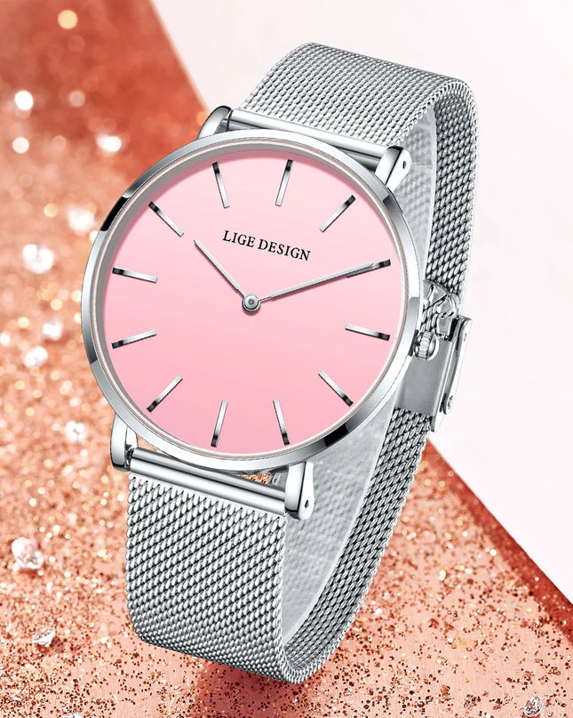 Women's Pink Dial Mesh Band Slim Stainless Steel Watch