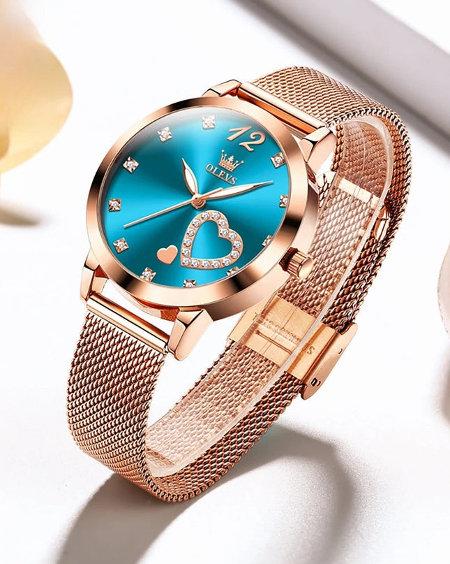 Rose Gold Mesh Women's Watch Heart Crystal Dial Quartz