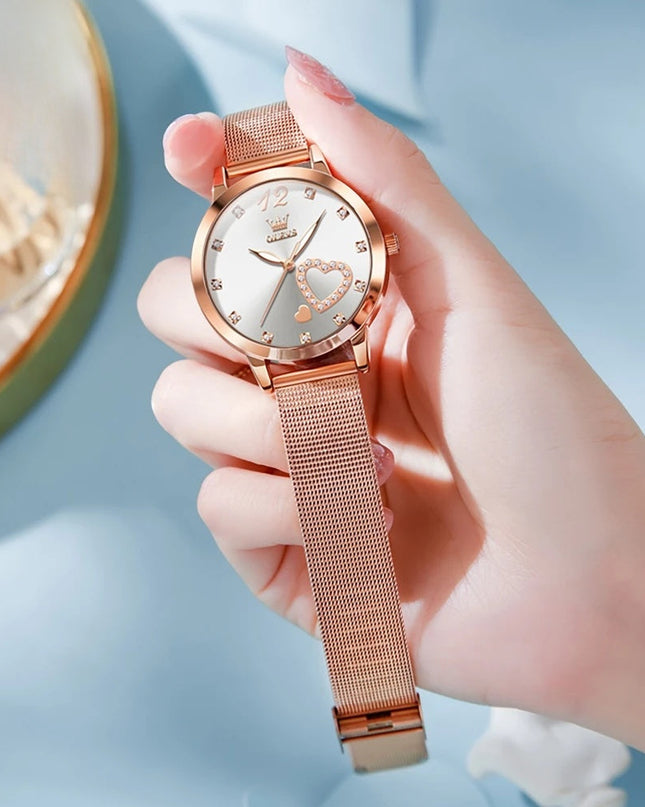 Rose Gold Mesh Women's Watch Heart Crystal Dial Quartz