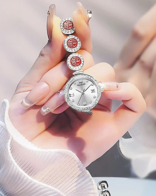 Women's Elegant Bracelet Quartz Watch Red Dial Waterproof