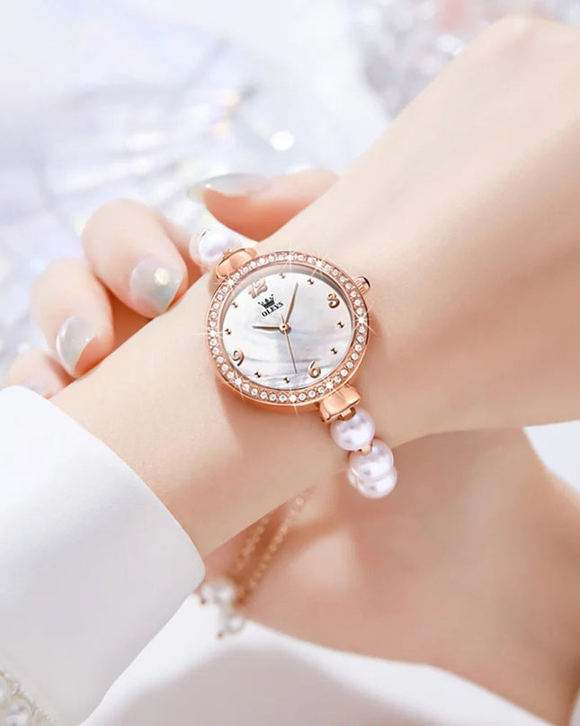 Women's Pearl Bracelet Watch Rose Gold Crystal Bezel
