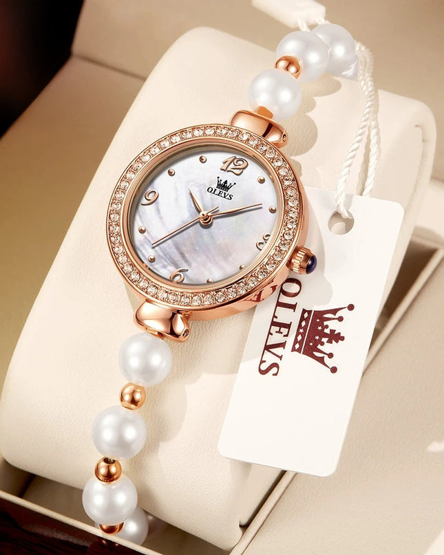 Women's Pearl Bracelet Watch Rose Gold Crystal Bezel