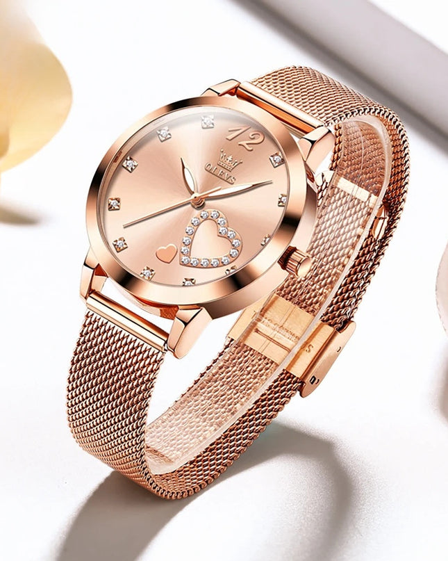 Rose Gold Mesh Women's Watch Heart Crystal Dial Quartz