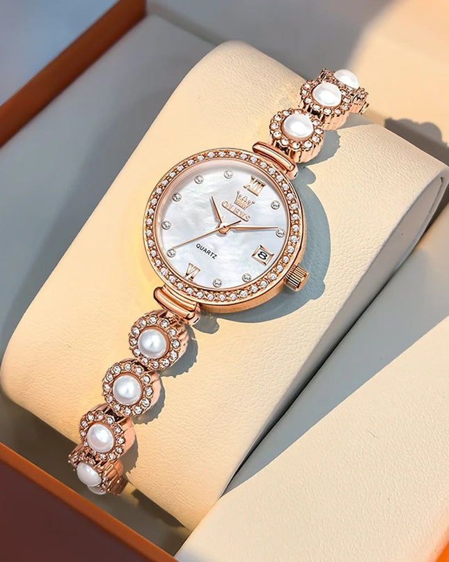 Women's Gold Pearl Bracelet Watch Quartz Date Elegant