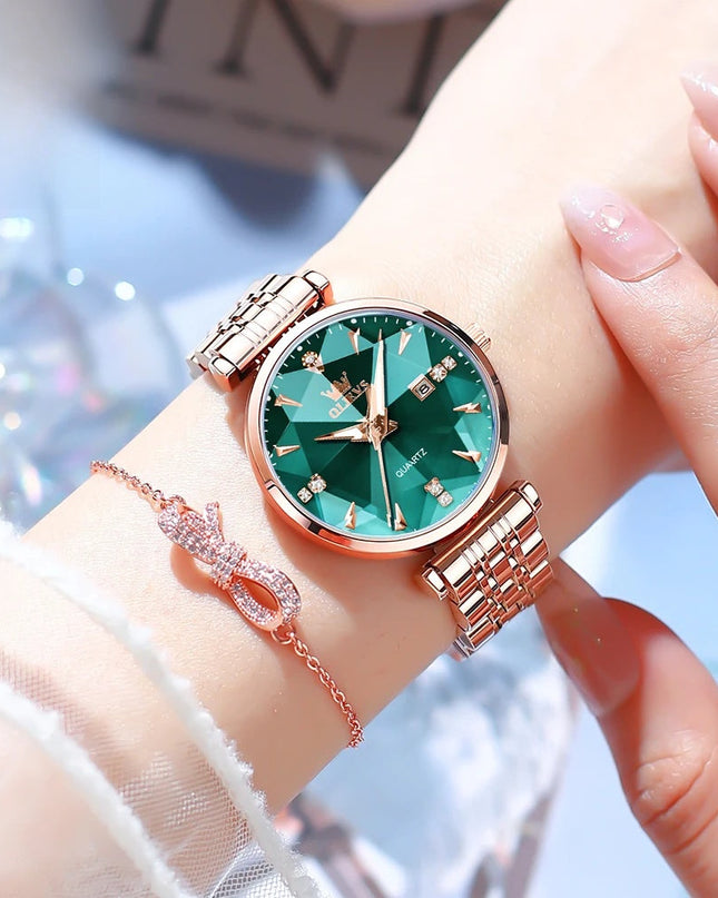 Women's Rose Gold Stainless Steel Watch Blue Dial Zircon