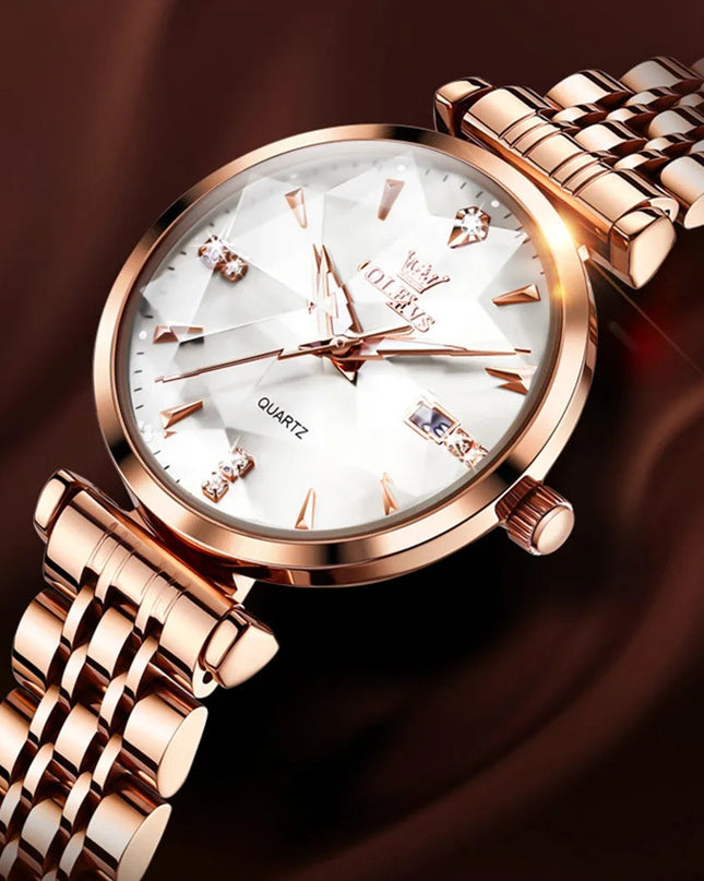 Women's Rose Gold Stainless Steel Watch Blue Dial Zircon