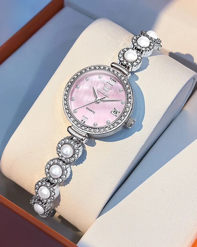 Women's Gold Pearl Bracelet Watch Quartz Date Elegant