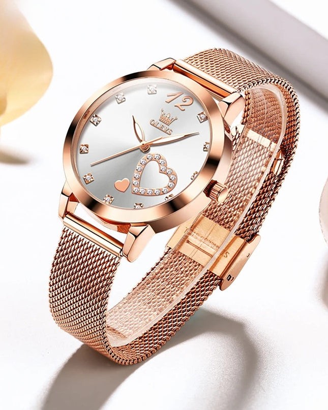 Rose Gold Mesh Women's Watch Heart Crystal Dial Quartz