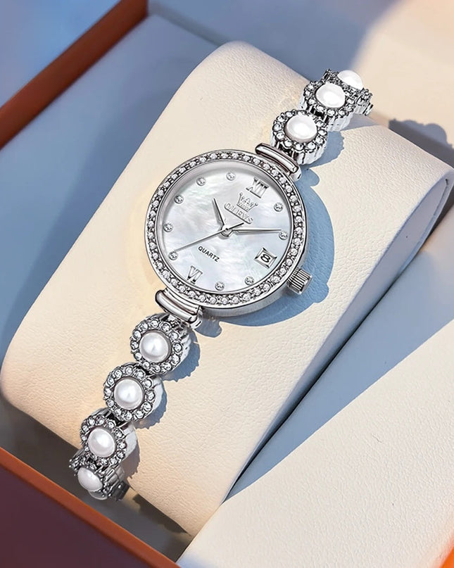 Women's Gold Pearl Bracelet Watch Quartz Date Elegant