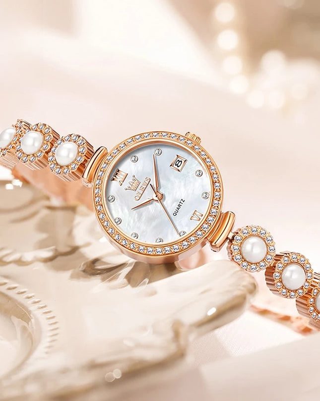 Women's Gold Pearl Bracelet Watch Quartz Date Elegant