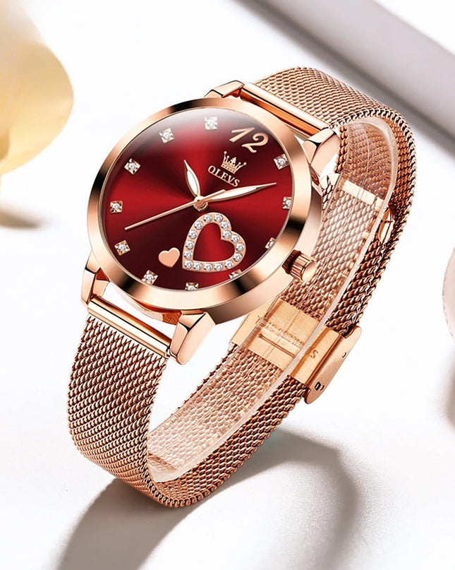 Rose Gold Mesh Women's Watch Heart Crystal Dial Quartz