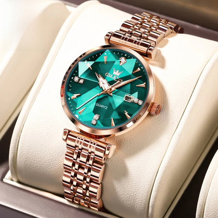 Women's Rose Gold Stainless Steel Watch Blue Dial Zircon