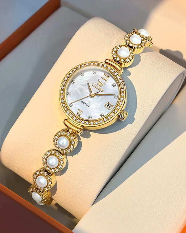 Women's Gold Pearl Bracelet Watch Quartz Date Elegant